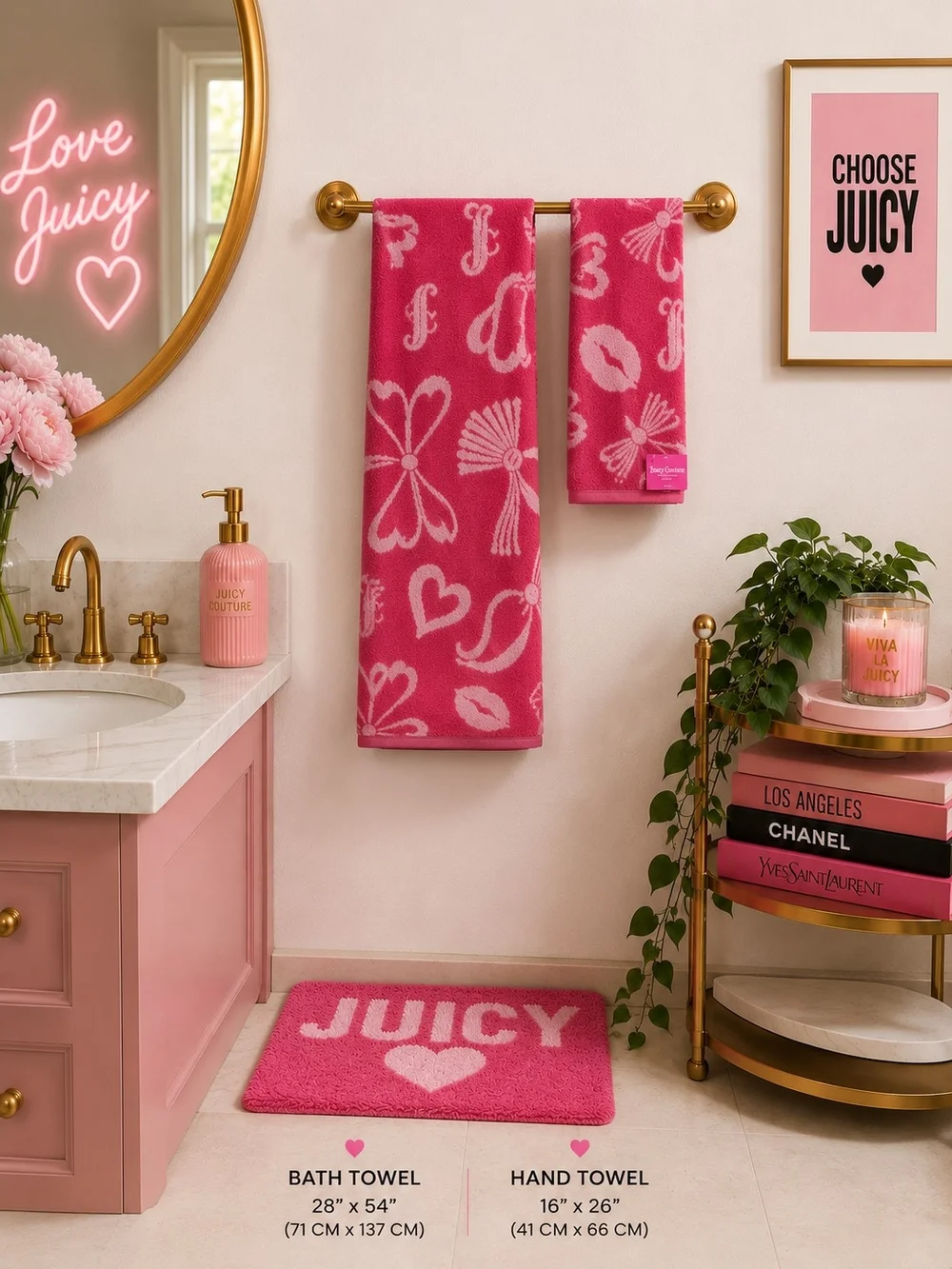Juicy Couture Pink Bow & Lips Bath Towel + Hand Towel Set NWT